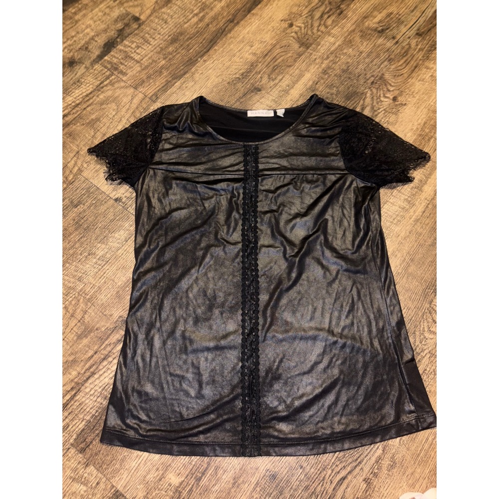 Hannah Black Metallic Lace Sleeve Top Short Sleeve Scoop Neck Edgy Goth Small